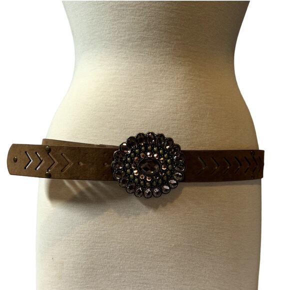 Gem Jewel Embellished Boho Prairie Belt Large Showy Buckle Size 11 42" Long - Picture 1 of 8